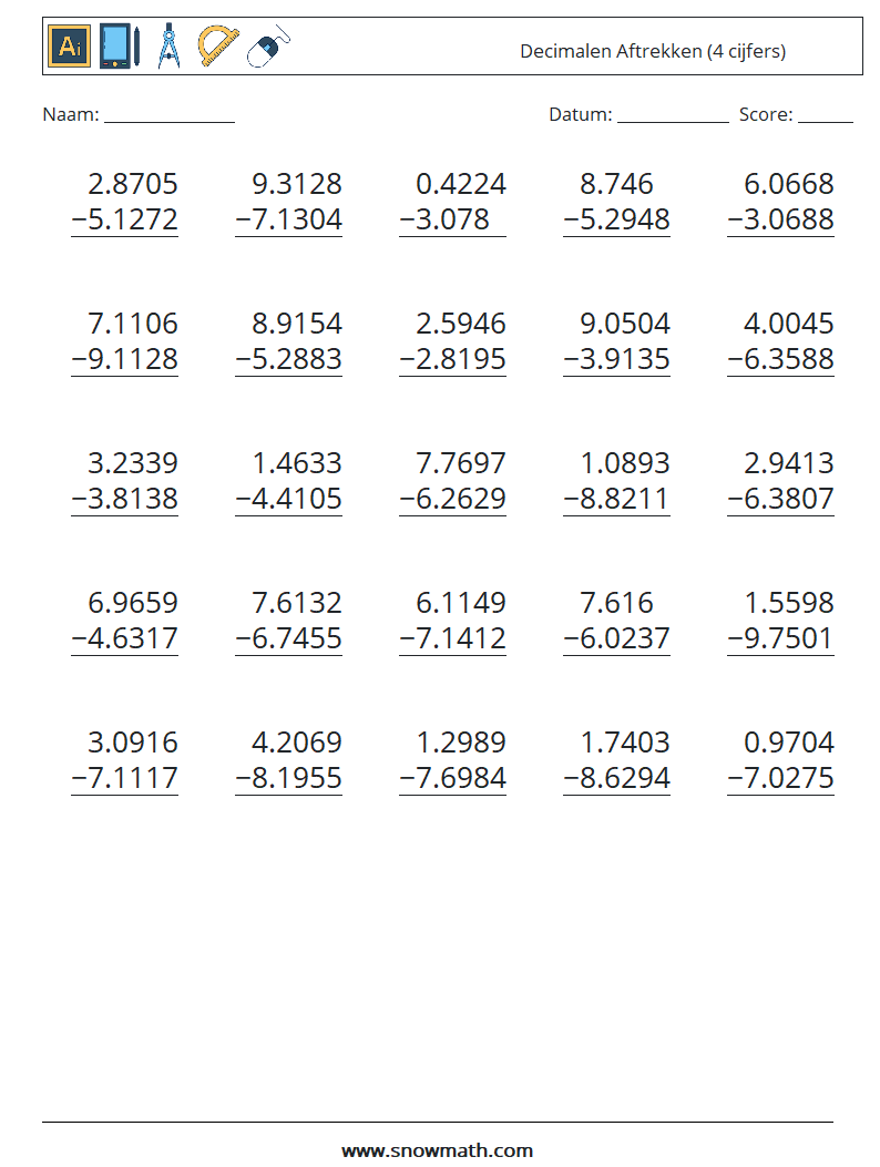 (25) Decimalen Aftrekken (4 cijfers) Wiskundige werkbladen 11