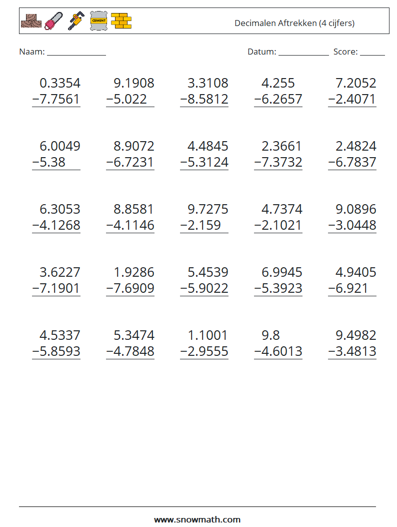 (25) Decimalen Aftrekken (4 cijfers) Wiskundige werkbladen 13