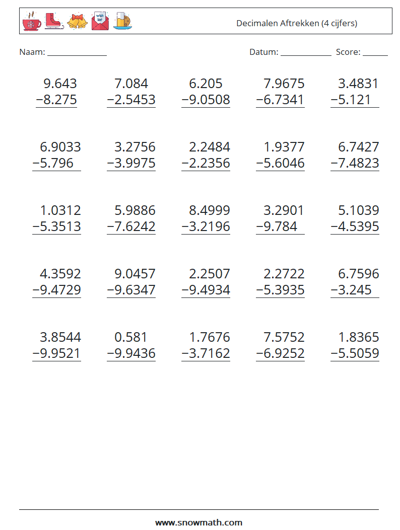 (25) Decimalen Aftrekken (4 cijfers) Wiskundige werkbladen 14