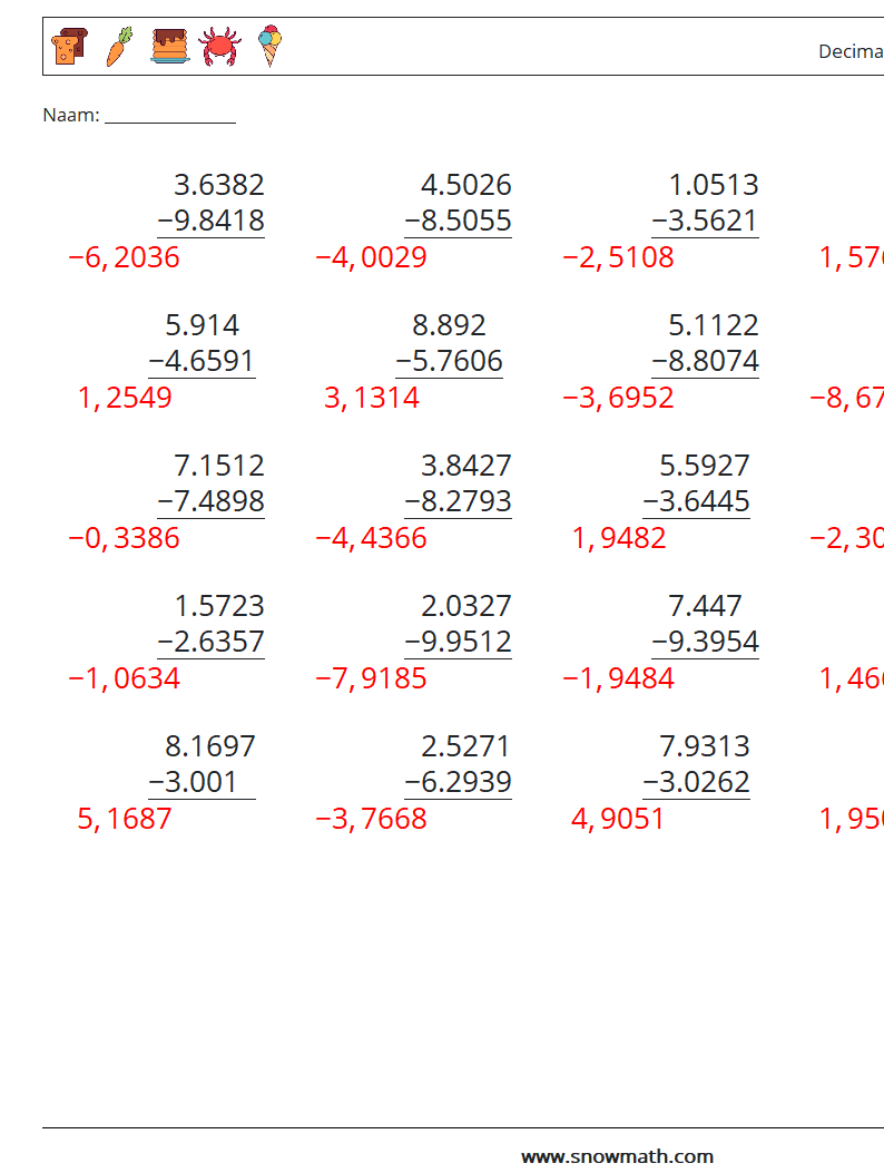 (25) Decimalen Aftrekken (4 cijfers) Wiskundige werkbladen 16 Vraag, Antwoord