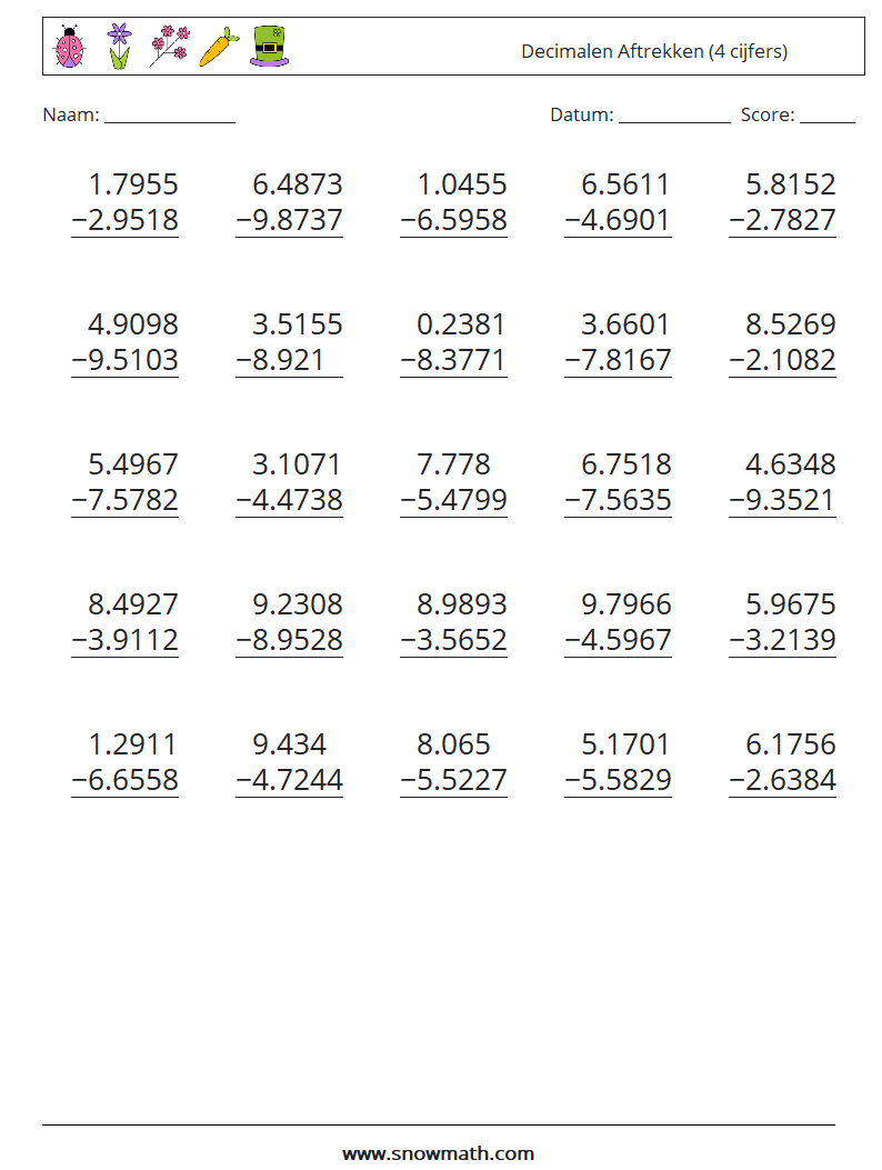 (25) Decimalen Aftrekken (4 cijfers) Wiskundige werkbladen 17
