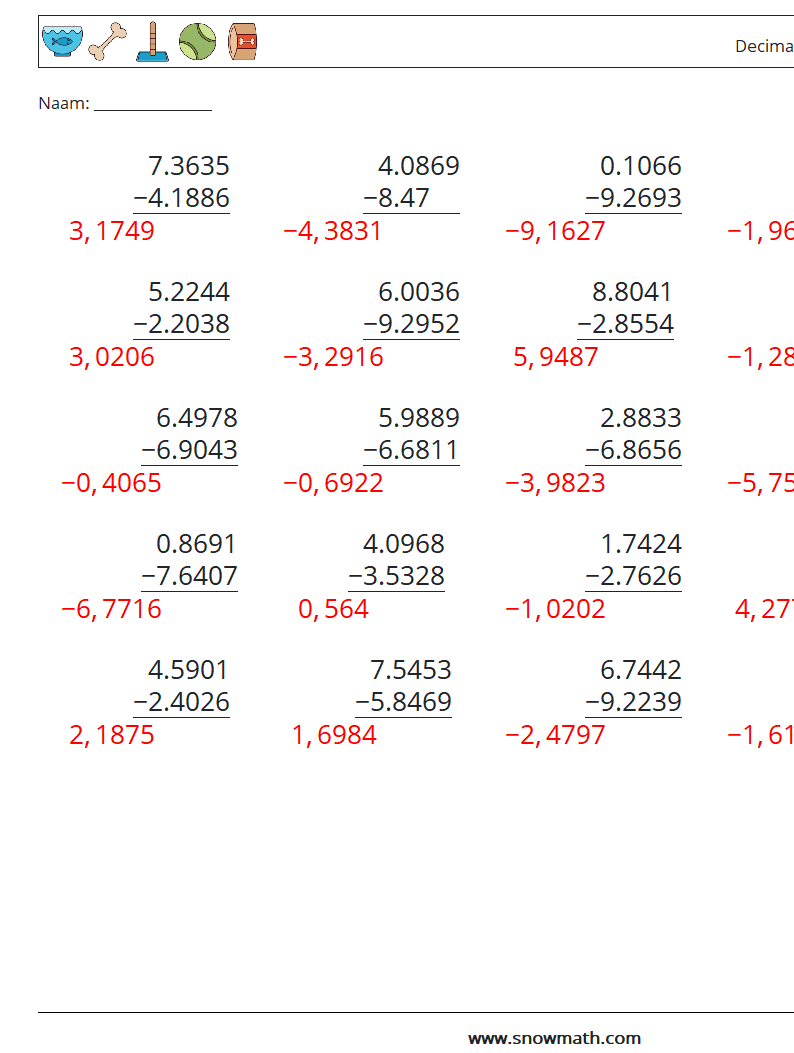 (25) Decimalen Aftrekken (4 cijfers) Wiskundige werkbladen 1 Vraag, Antwoord