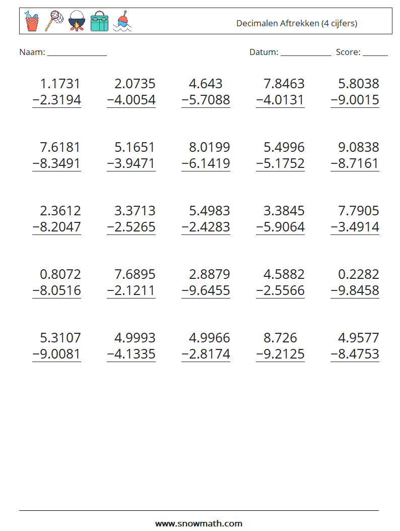 (25) Decimalen Aftrekken (4 cijfers) Wiskundige werkbladen 3