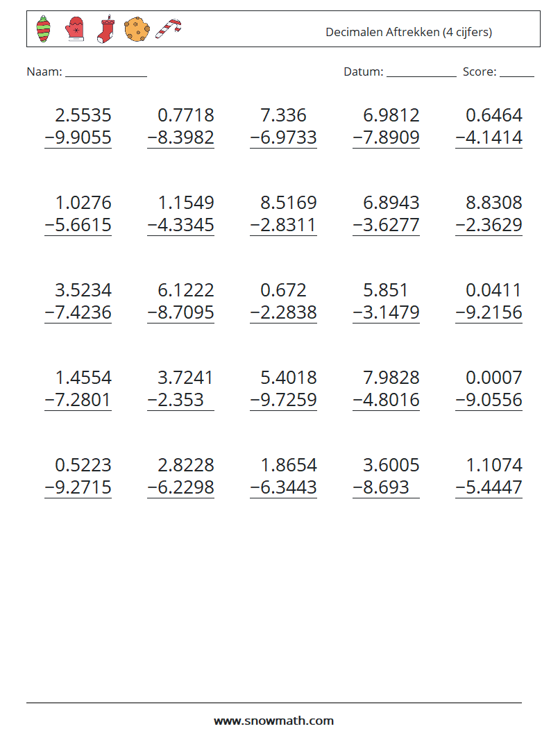 (25) Decimalen Aftrekken (4 cijfers) Wiskundige werkbladen 4