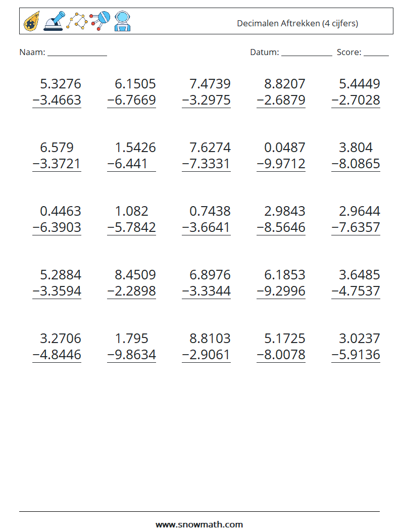 (25) Decimalen Aftrekken (4 cijfers) Wiskundige werkbladen 5