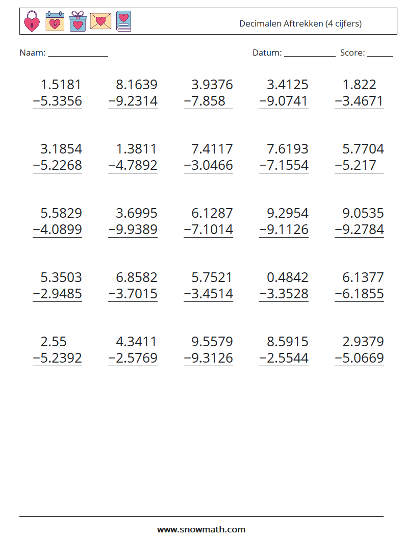(25) Decimalen Aftrekken (4 cijfers) Wiskundige werkbladen 7