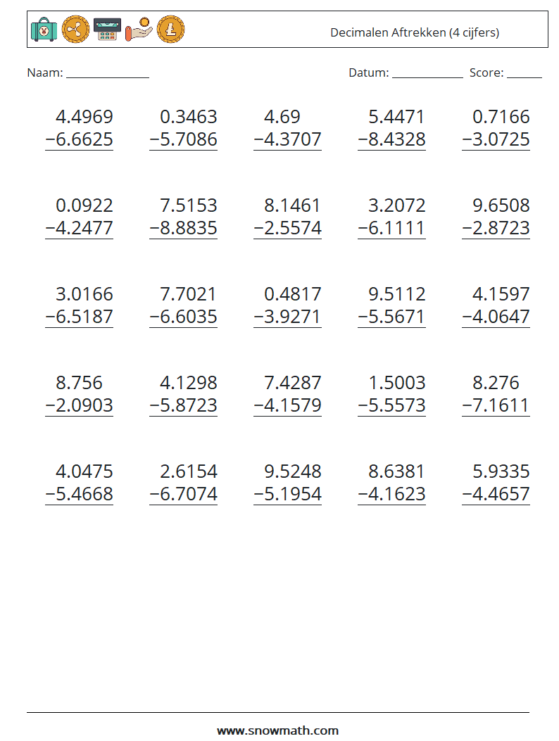 (25) Decimalen Aftrekken (4 cijfers) Wiskundige werkbladen 8