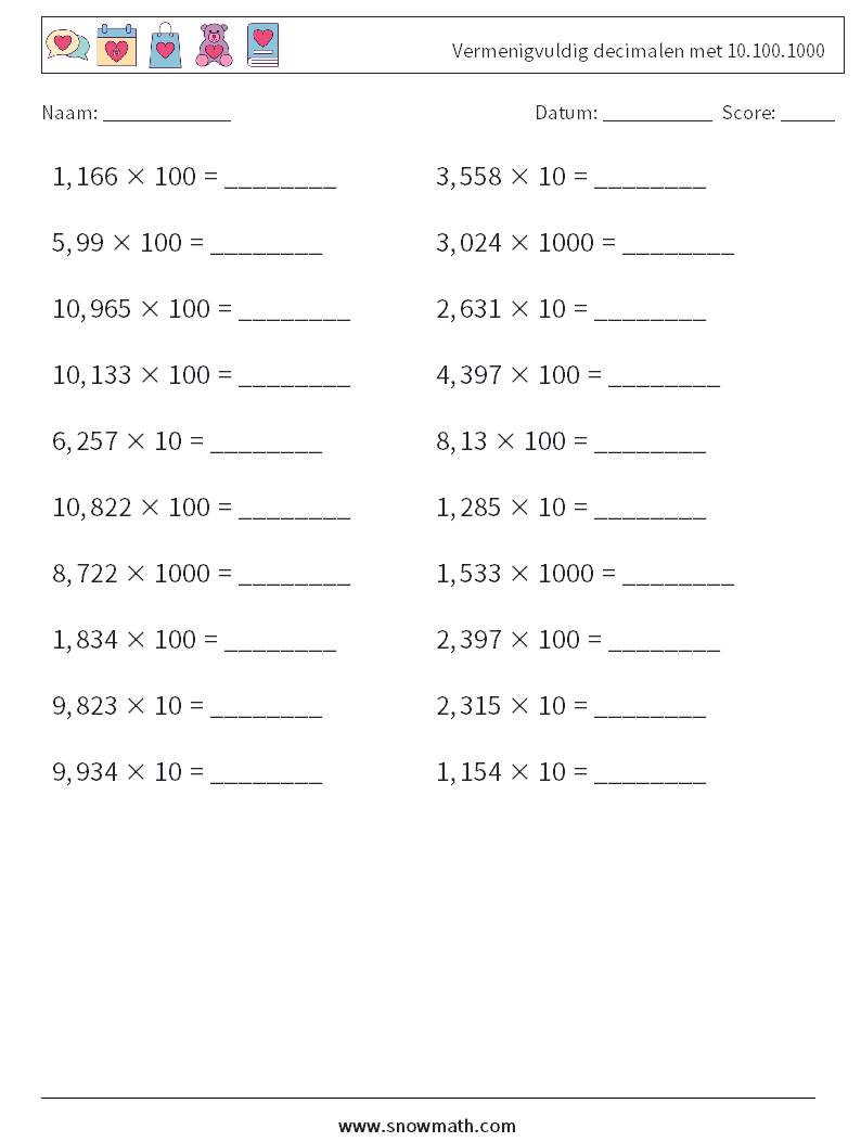 Vermenigvuldig decimalen met 10.100.1000 Wiskundige werkbladen 10