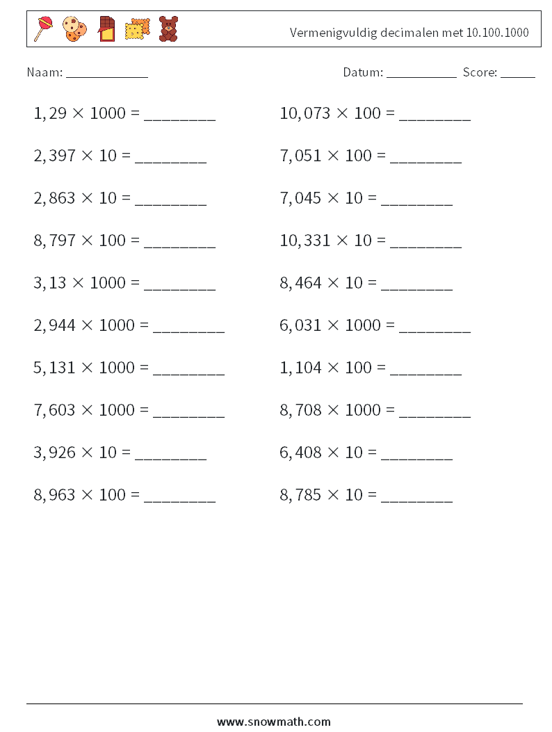 Vermenigvuldig decimalen met 10.100.1000 Wiskundige werkbladen 11