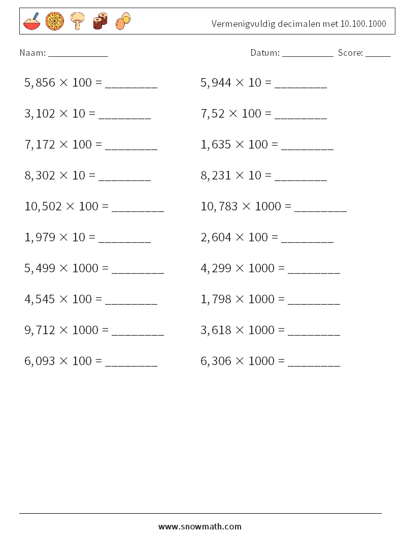 Vermenigvuldig decimalen met 10.100.1000 Wiskundige werkbladen 12