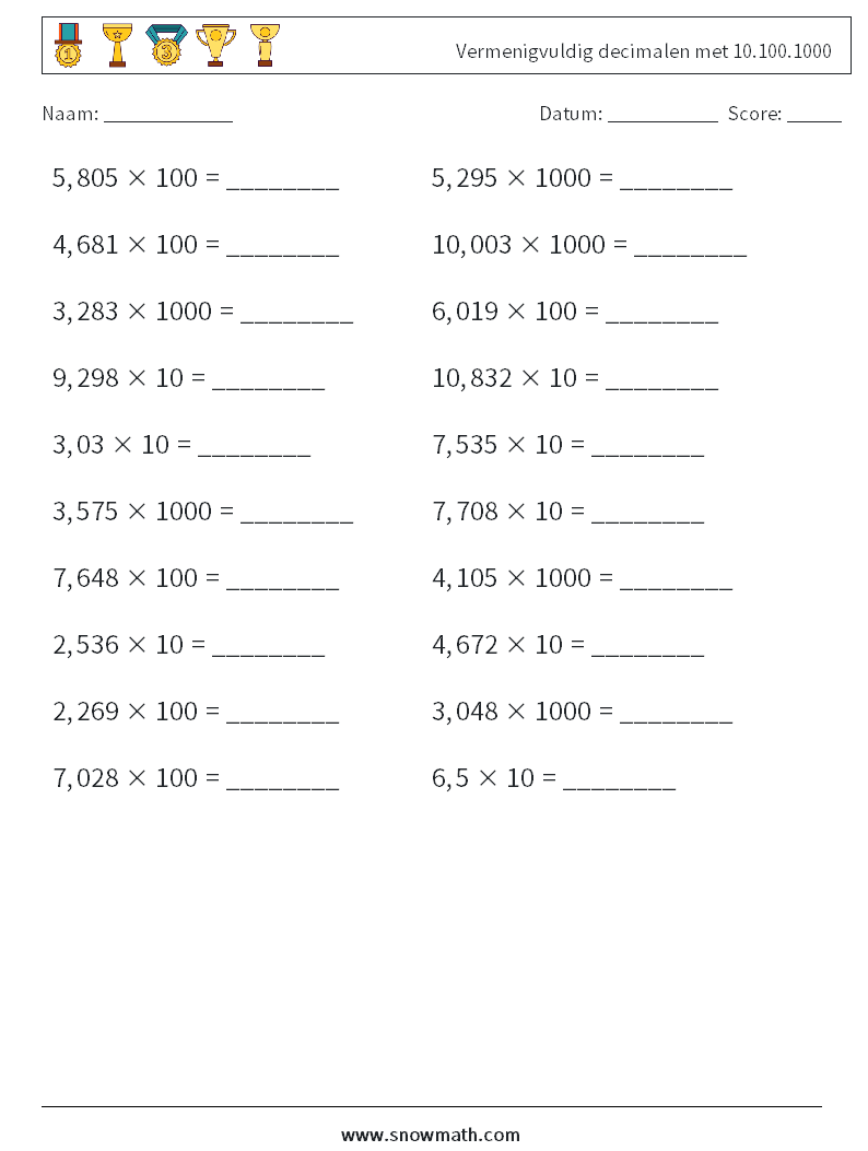 Vermenigvuldig decimalen met 10.100.1000 Wiskundige werkbladen 13