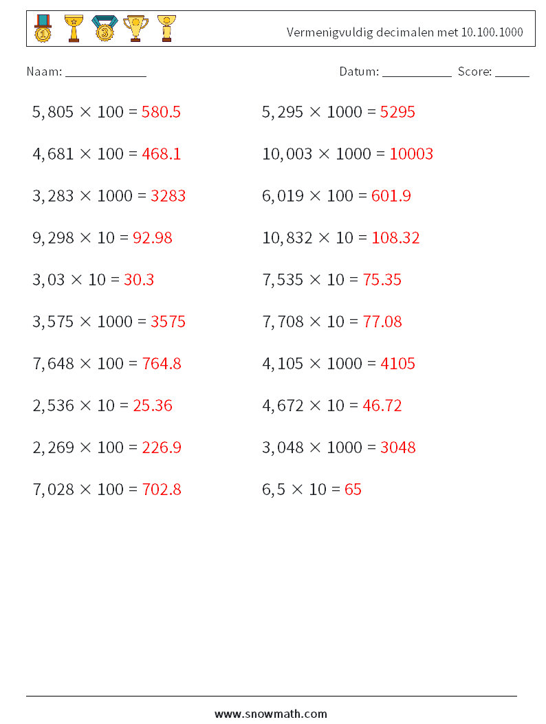 Vermenigvuldig decimalen met 10.100.1000 Wiskundige werkbladen 13 Vraag, Antwoord
