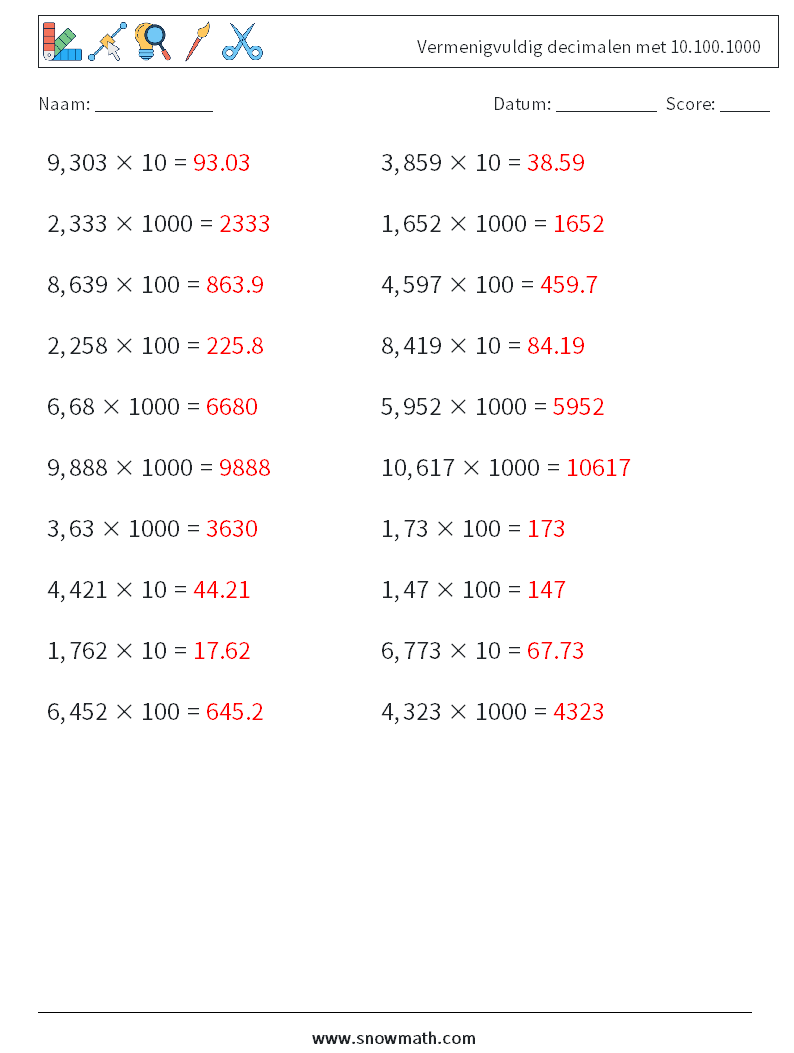 Vermenigvuldig decimalen met 10.100.1000 Wiskundige werkbladen 14 Vraag, Antwoord