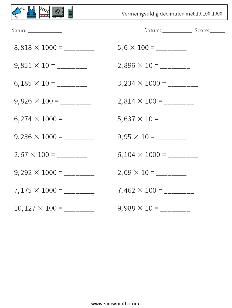 Vermenigvuldig decimalen met 10.100.1000 Wiskundige werkbladen 2