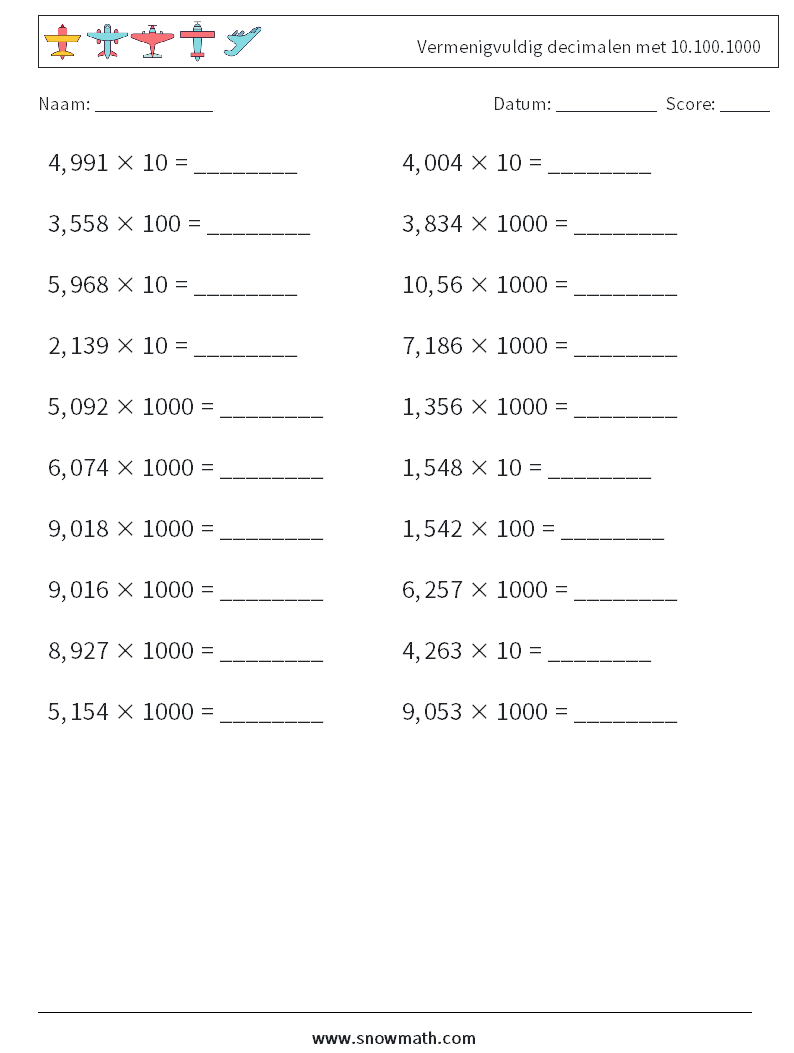 Vermenigvuldig decimalen met 10.100.1000 Wiskundige werkbladen 3