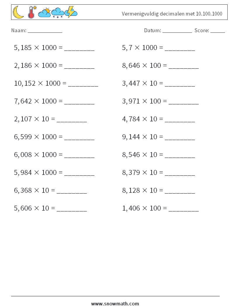 Vermenigvuldig decimalen met 10.100.1000 Wiskundige werkbladen 4