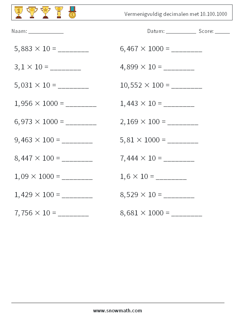 Vermenigvuldig decimalen met 10.100.1000 Wiskundige werkbladen 5