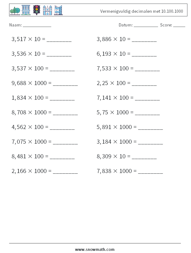Vermenigvuldig decimalen met 10.100.1000 Wiskundige werkbladen 6