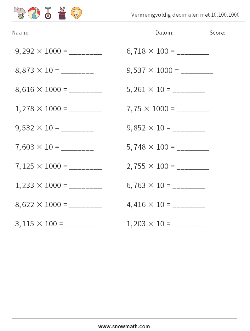 Vermenigvuldig decimalen met 10.100.1000 Wiskundige werkbladen 7
