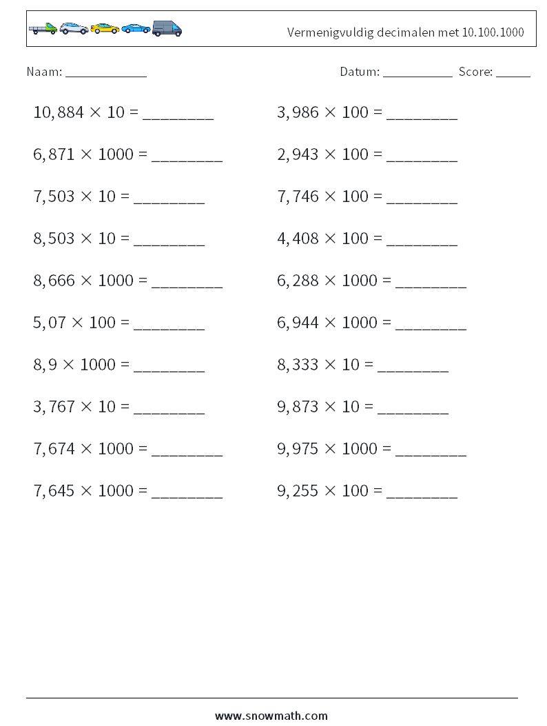 Vermenigvuldig decimalen met 10.100.1000 Wiskundige werkbladen 8