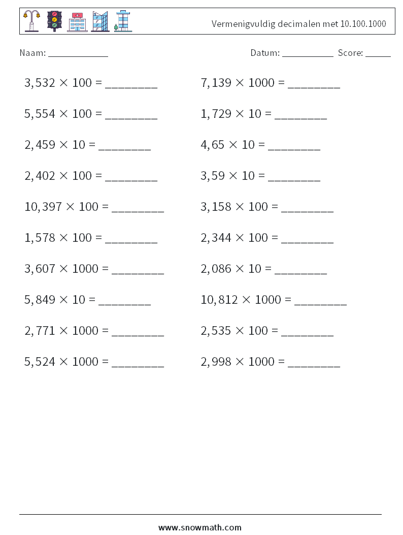 Vermenigvuldig decimalen met 10.100.1000 Wiskundige werkbladen 9