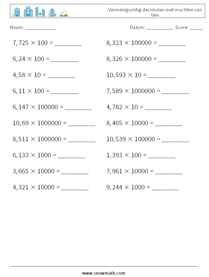 Vermenigvuldig decimalen met machten van tien