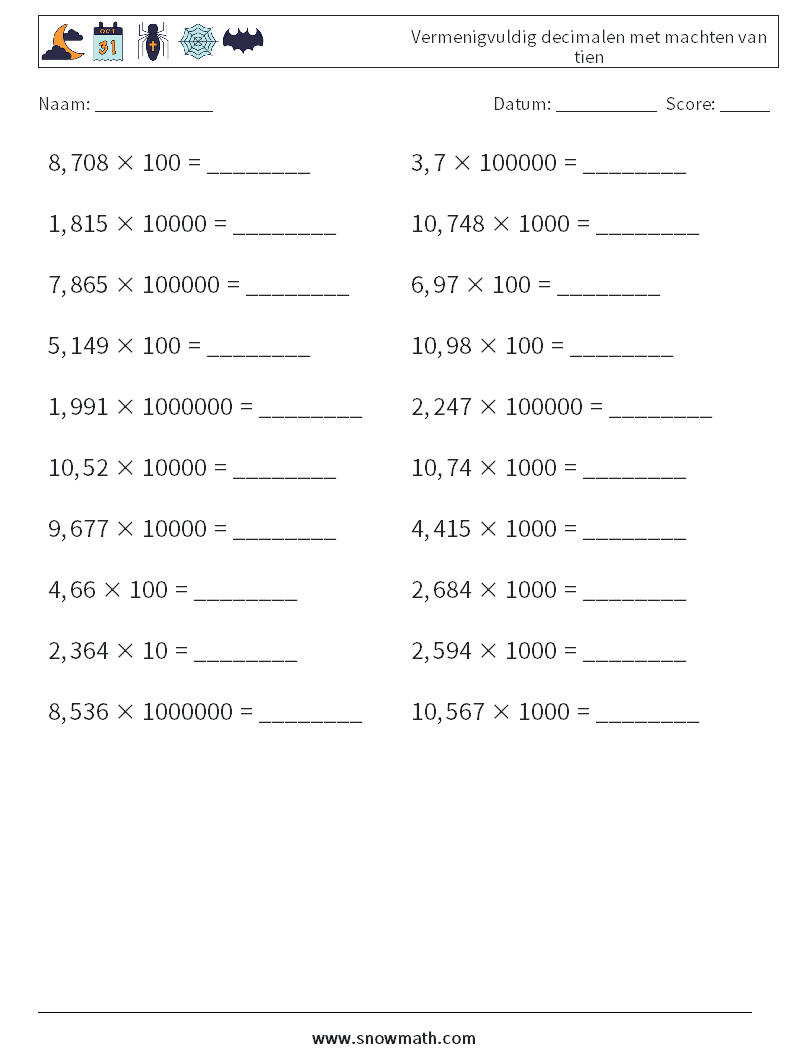 Vermenigvuldig decimalen met machten van tien Wiskundige werkbladen 10