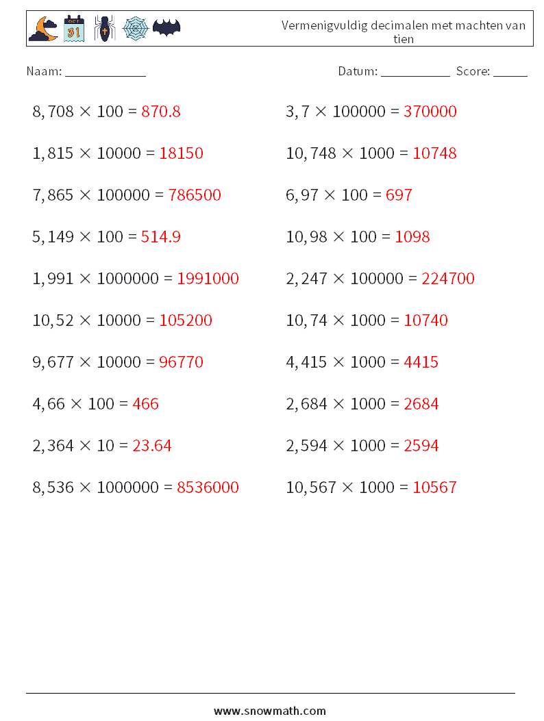 Vermenigvuldig decimalen met machten van tien Wiskundige werkbladen 10 Vraag, Antwoord