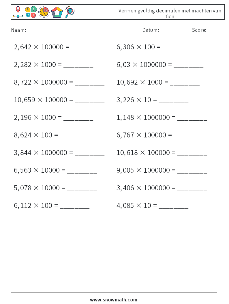 Vermenigvuldig decimalen met machten van tien Wiskundige werkbladen 11