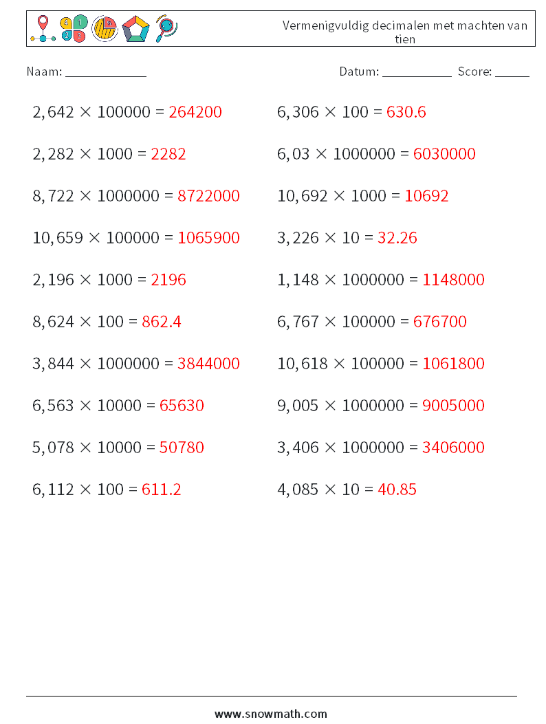 Vermenigvuldig decimalen met machten van tien Wiskundige werkbladen 11 Vraag, Antwoord