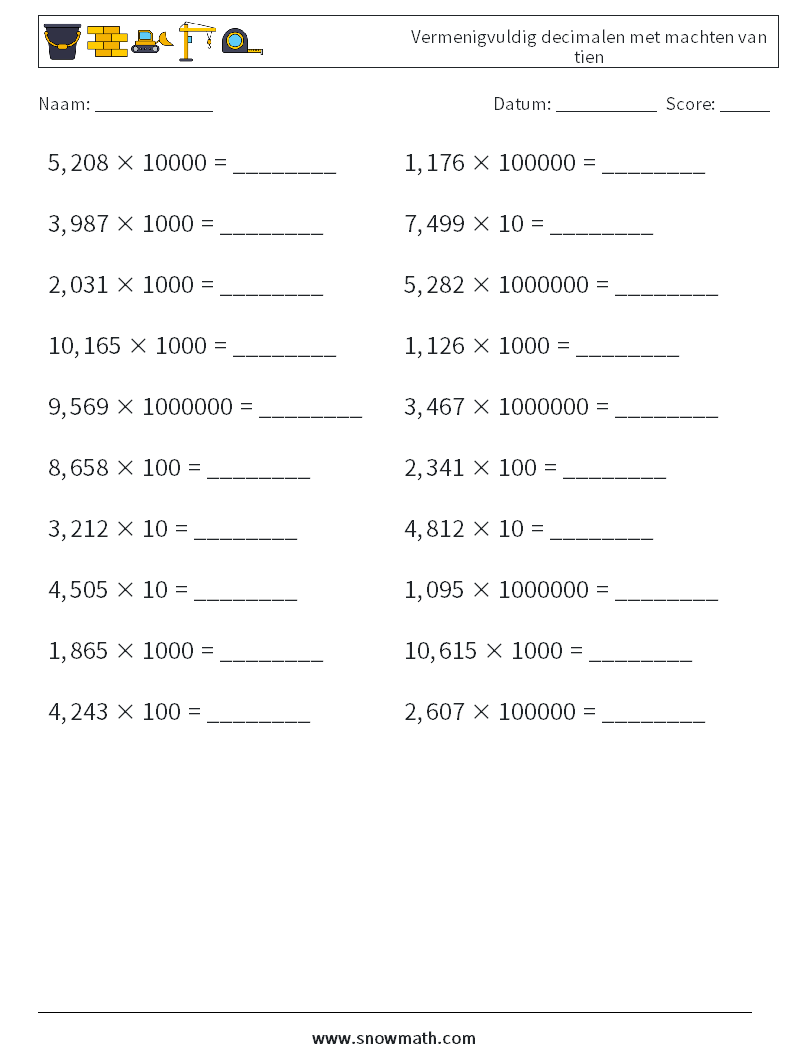 Vermenigvuldig decimalen met machten van tien Wiskundige werkbladen 12
