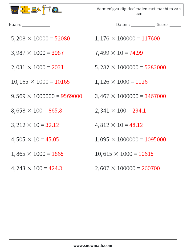 Vermenigvuldig decimalen met machten van tien Wiskundige werkbladen 12 Vraag, Antwoord