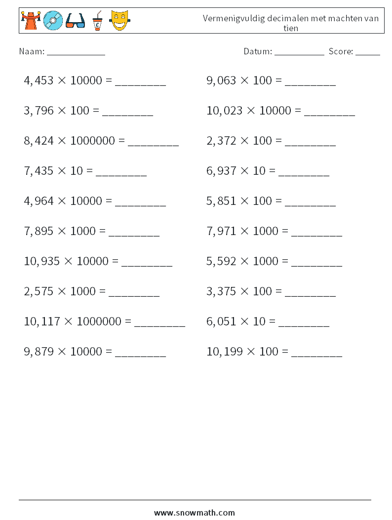 Vermenigvuldig decimalen met machten van tien Wiskundige werkbladen 13