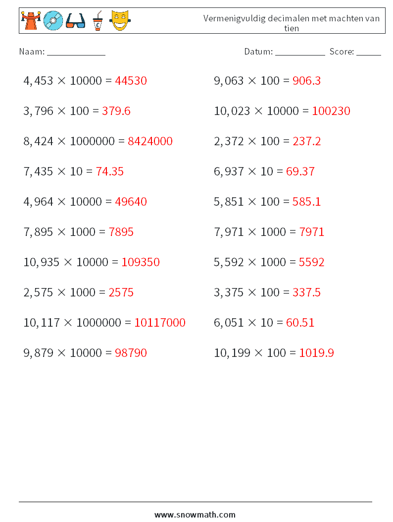 Vermenigvuldig decimalen met machten van tien Wiskundige werkbladen 13 Vraag, Antwoord