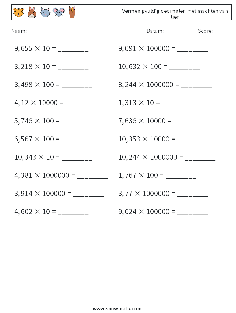Vermenigvuldig decimalen met machten van tien Wiskundige werkbladen 14