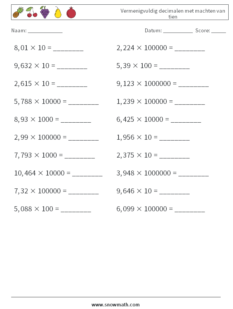 Vermenigvuldig decimalen met machten van tien Wiskundige werkbladen 15