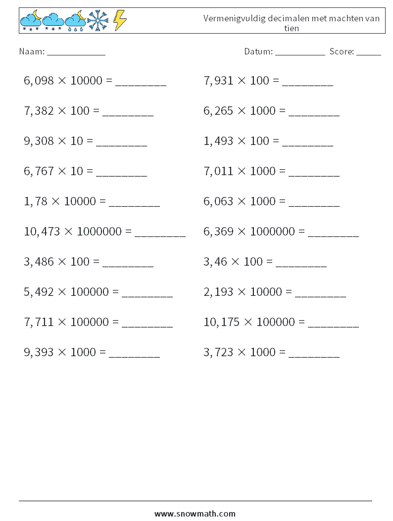 Vermenigvuldig decimalen met machten van tien Wiskundige werkbladen 16