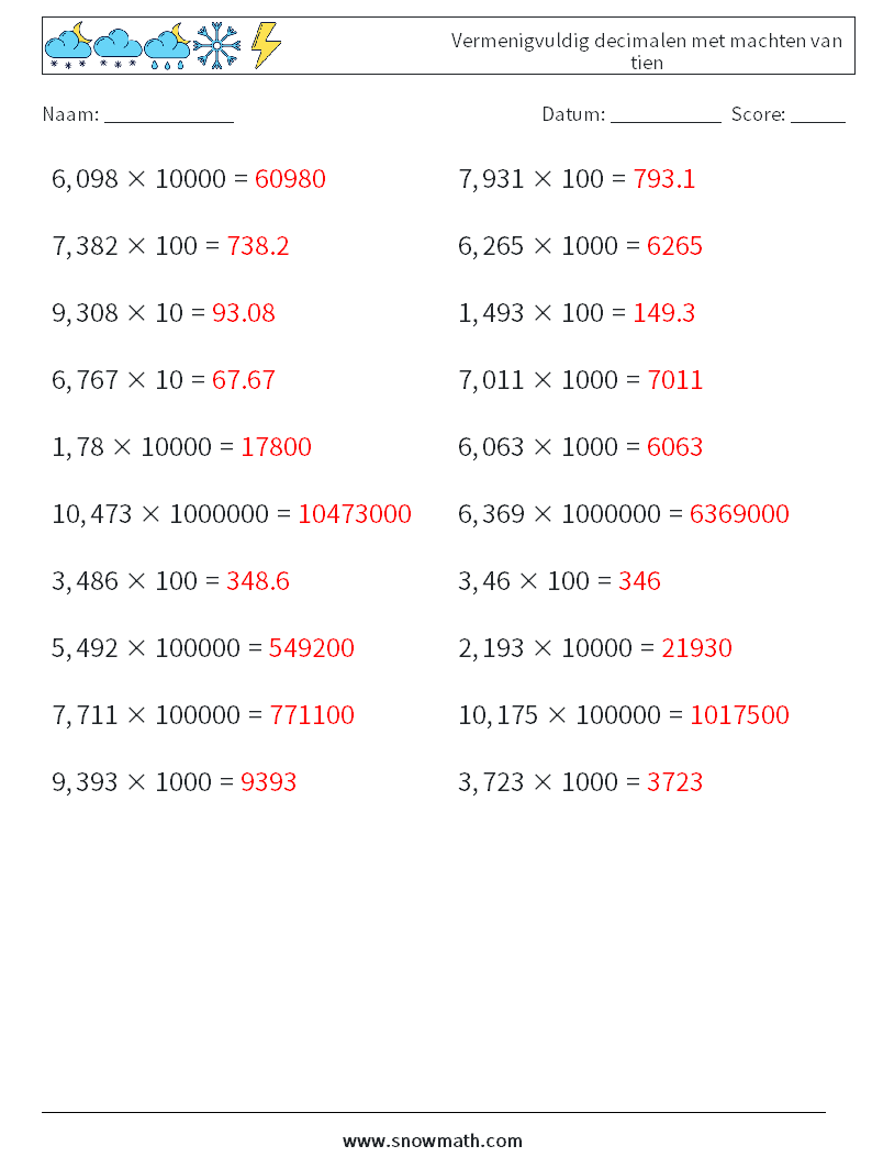 Vermenigvuldig decimalen met machten van tien Wiskundige werkbladen 16 Vraag, Antwoord