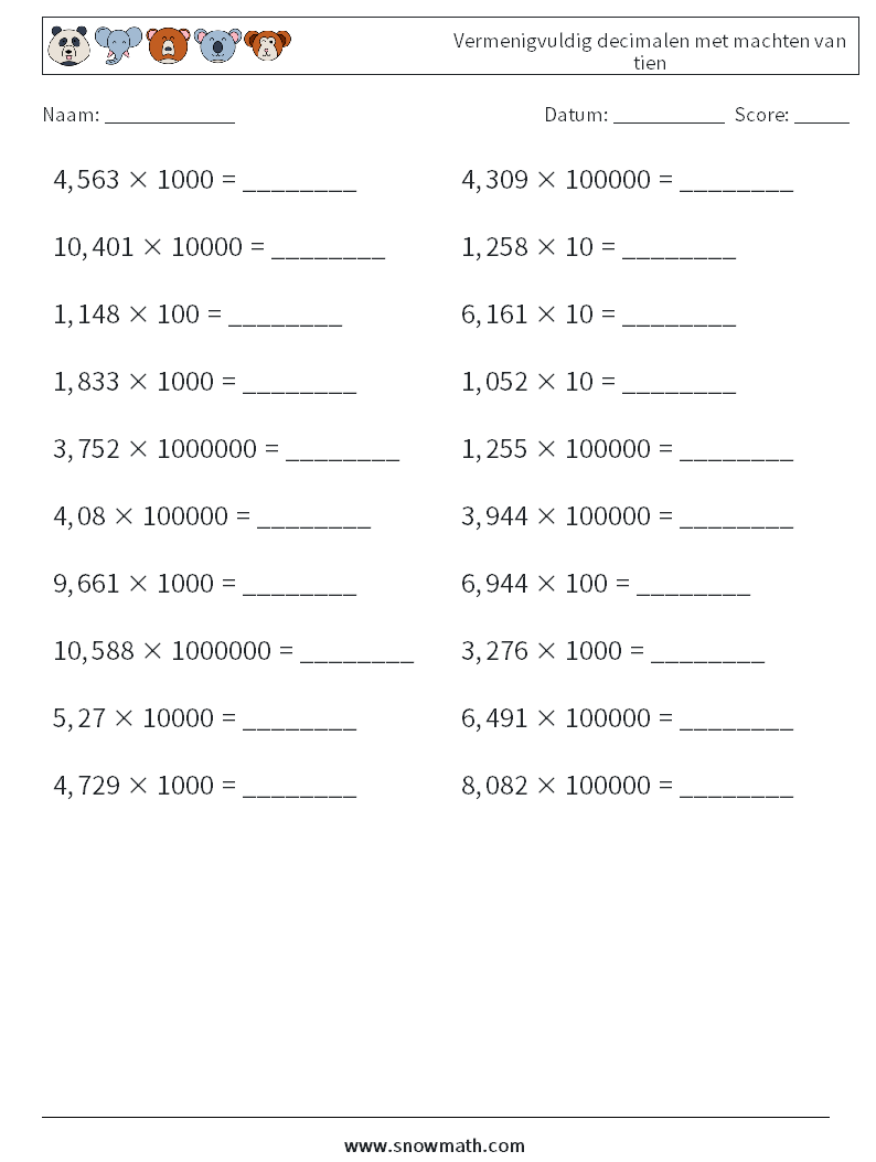 Vermenigvuldig decimalen met machten van tien Wiskundige werkbladen 17