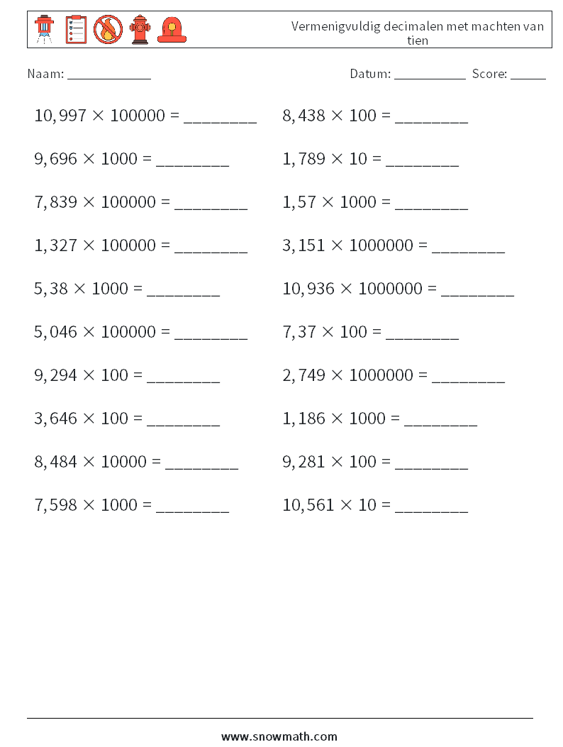 Vermenigvuldig decimalen met machten van tien Wiskundige werkbladen 18