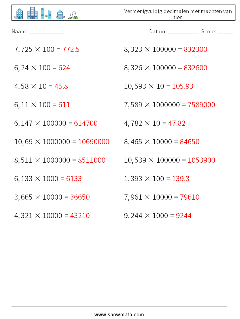 Vermenigvuldig decimalen met machten van tien Wiskundige werkbladen 1 Vraag, Antwoord