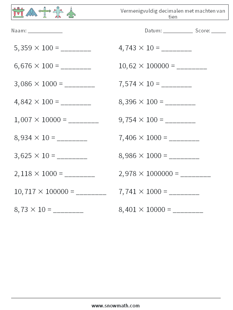 Vermenigvuldig decimalen met machten van tien Wiskundige werkbladen 2