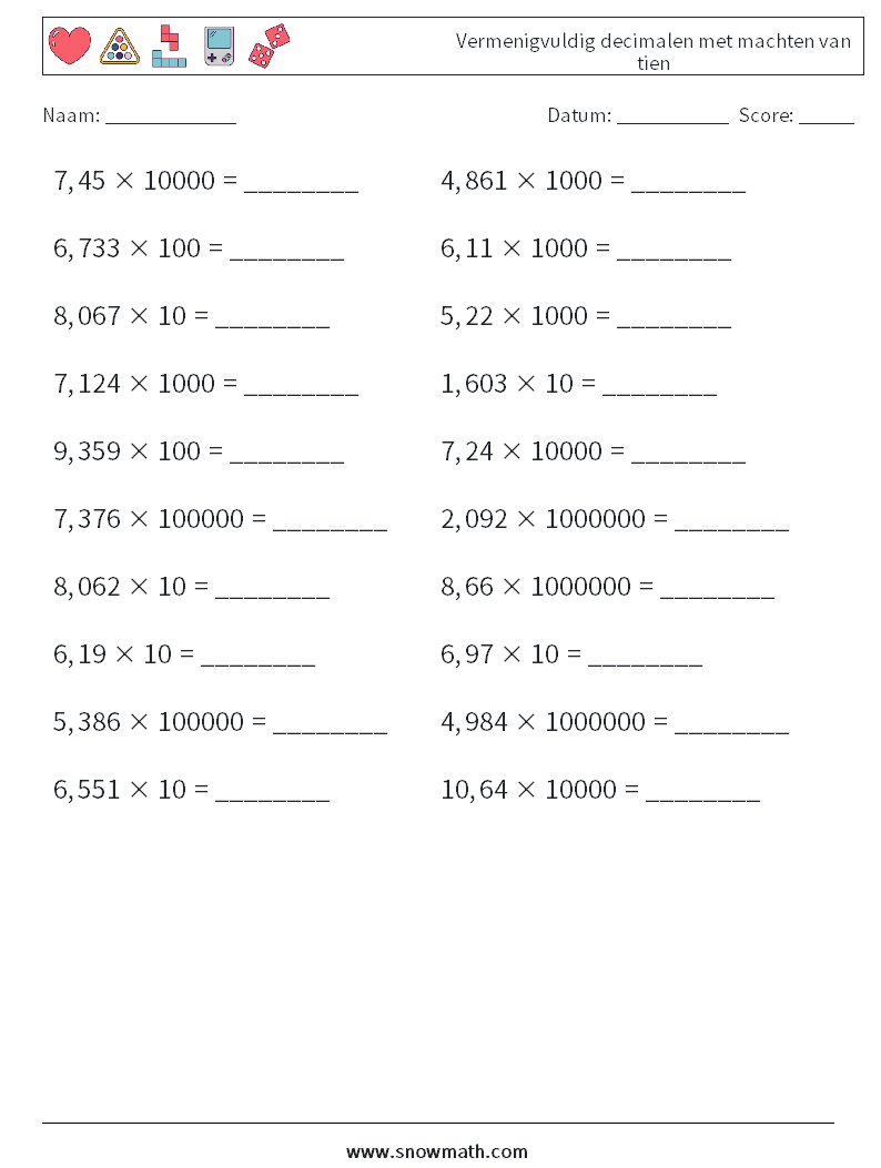 Vermenigvuldig decimalen met machten van tien Wiskundige werkbladen 3
