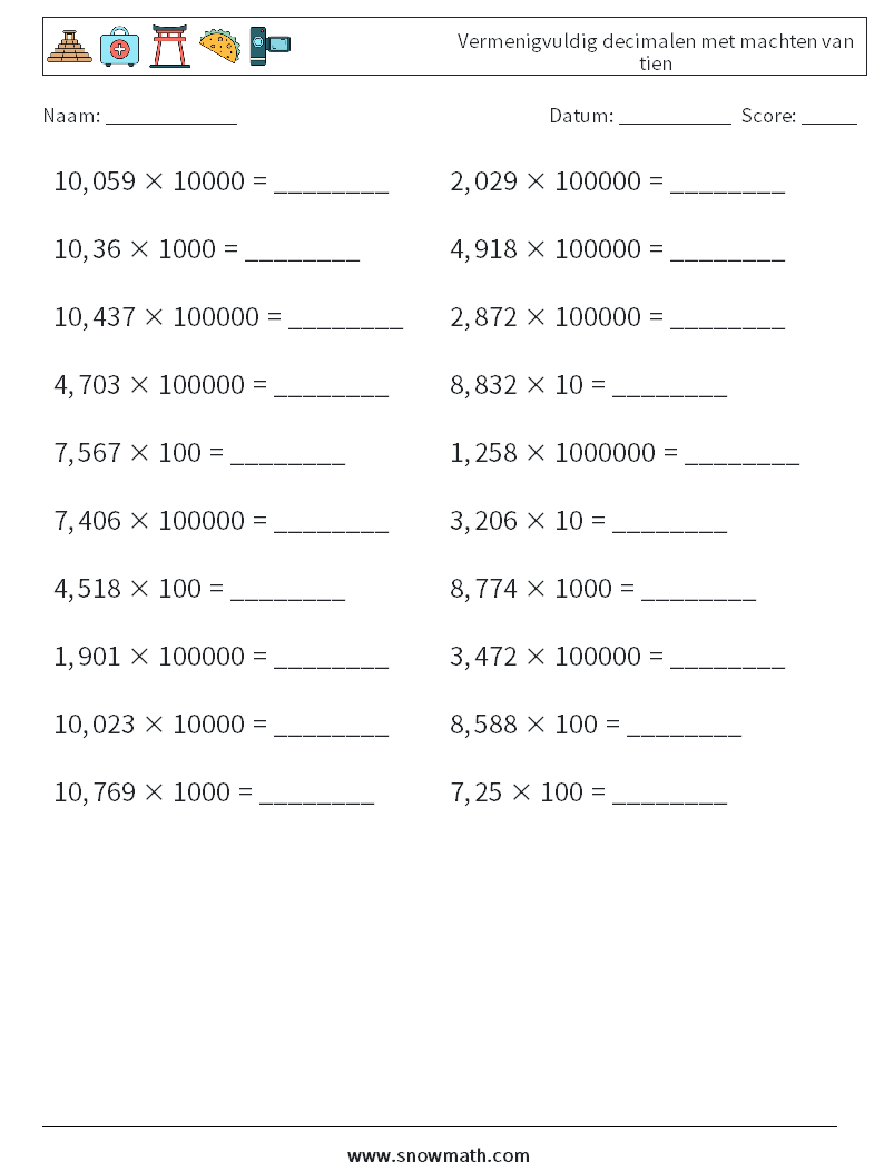 Vermenigvuldig decimalen met machten van tien Wiskundige werkbladen 6