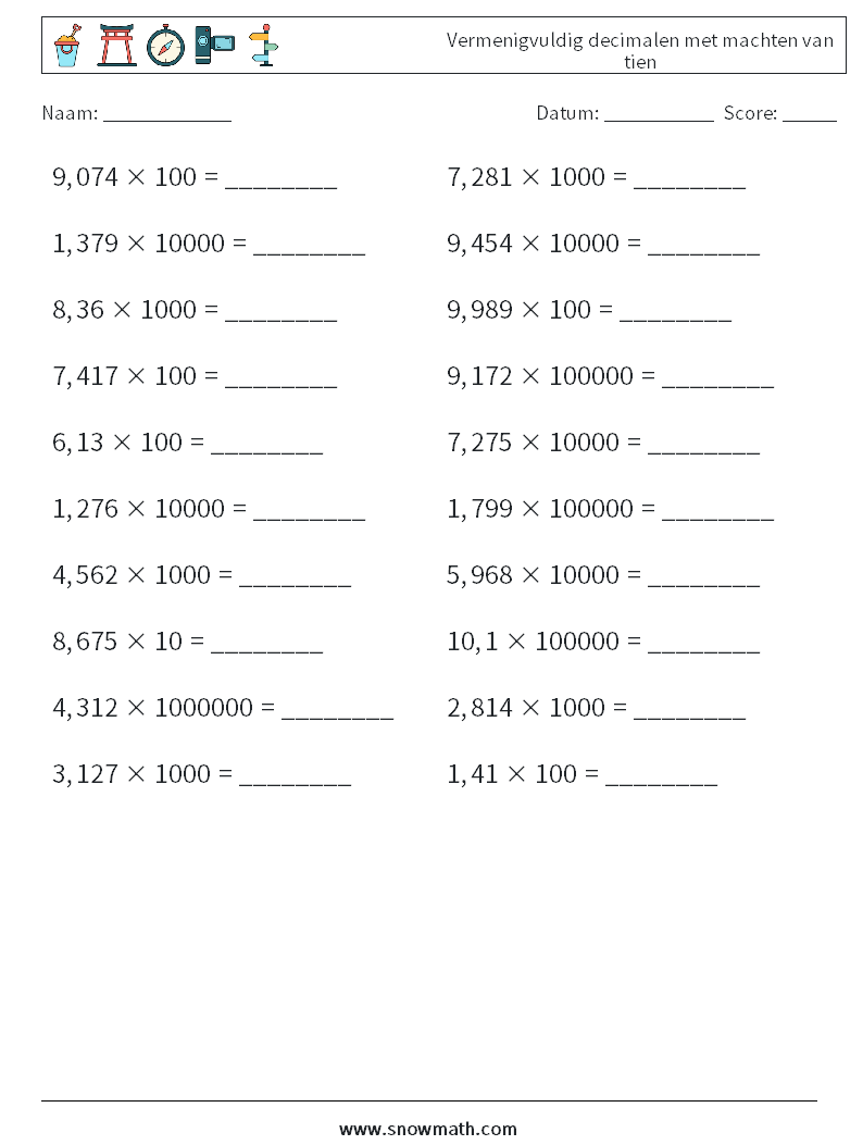 Vermenigvuldig decimalen met machten van tien Wiskundige werkbladen 9