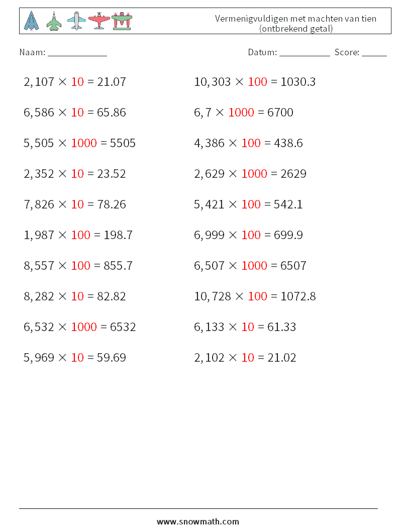 Vermenigvuldigen met machten van tien (ontbrekend getal) Wiskundige werkbladen 12 Vraag, Antwoord