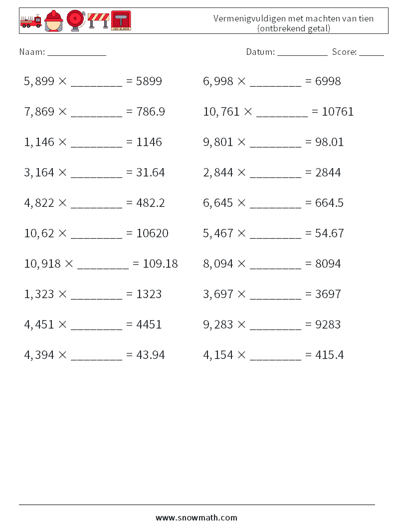 Vermenigvuldigen met machten van tien (ontbrekend getal) Wiskundige werkbladen 16