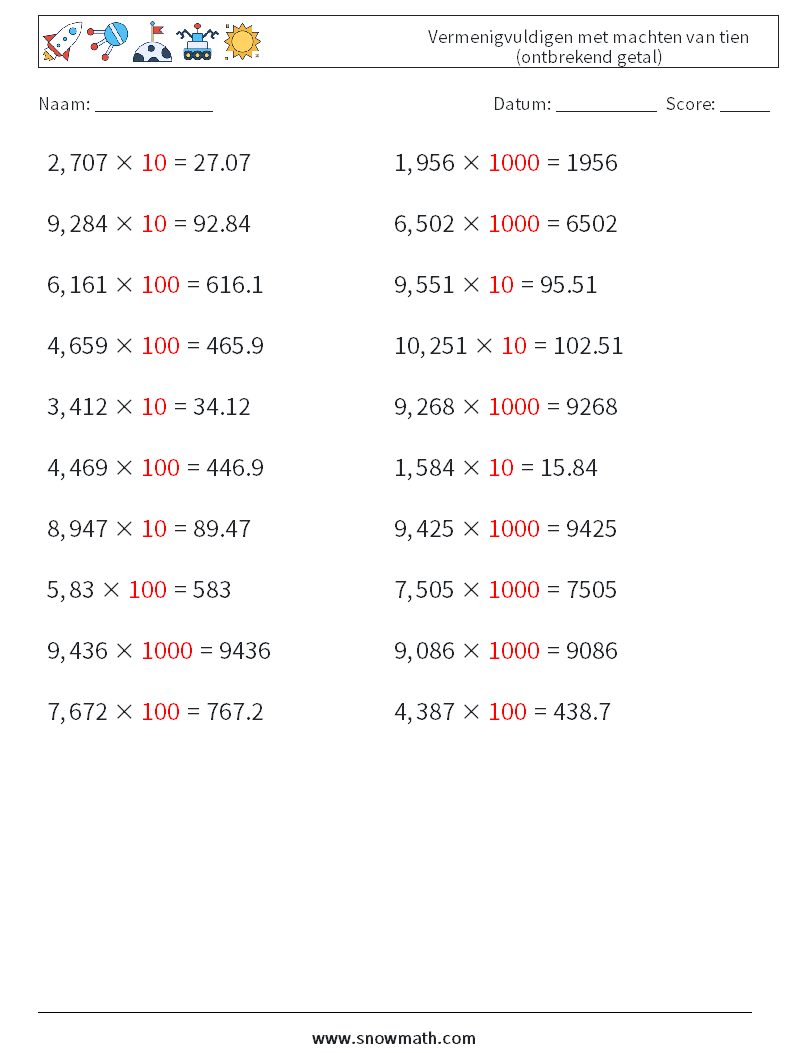Vermenigvuldigen met machten van tien (ontbrekend getal) Wiskundige werkbladen 1 Vraag, Antwoord