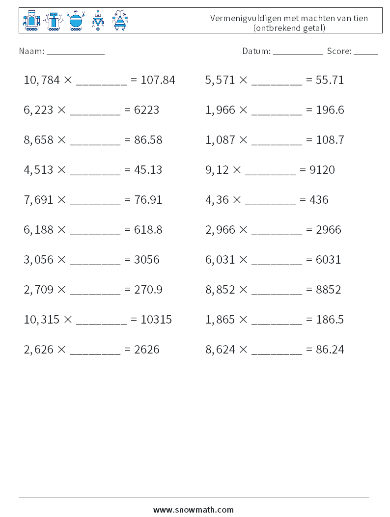 Vermenigvuldigen met machten van tien (ontbrekend getal) Wiskundige werkbladen 4