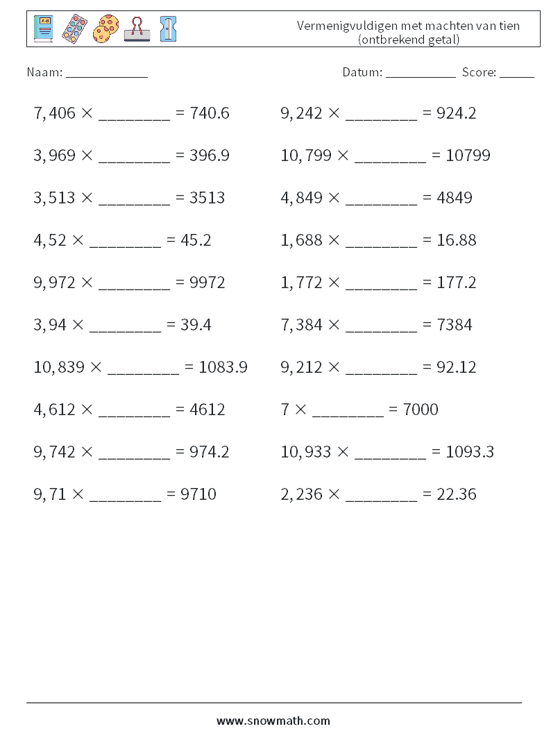 Vermenigvuldigen met machten van tien (ontbrekend getal) Wiskundige werkbladen 5